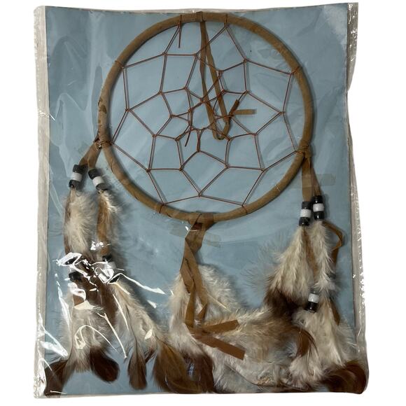 Brown White Beaded Feathered Small Dream Catcher by Lakota Sioux Tribe NIB - Picture 1 of 3